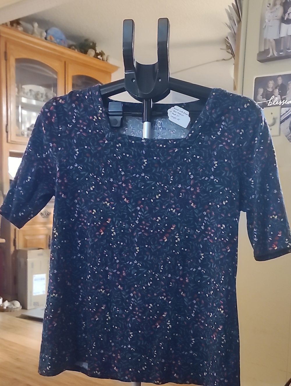 Croft & Barrow Navy Square Neck Top with Multicolor Floral Print NWOT MEDIUM